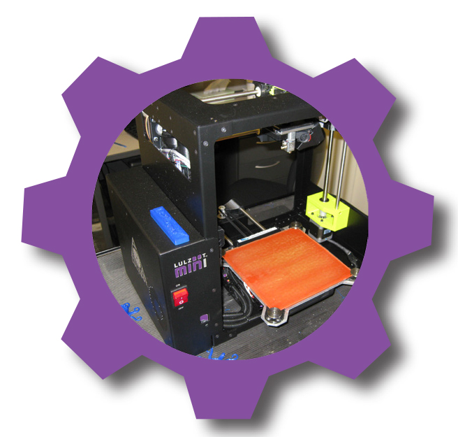 Lulzbot 3D printer in purple cog