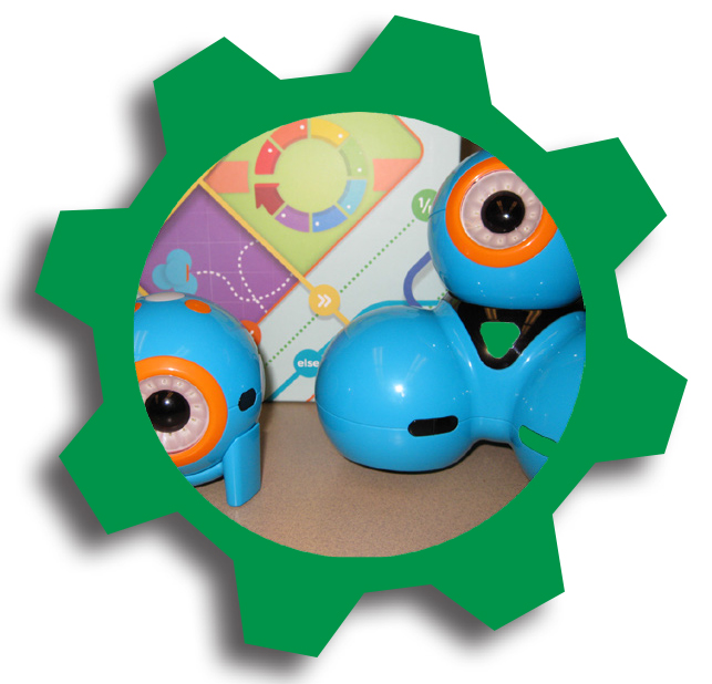 Dash and Dot robots in green cog