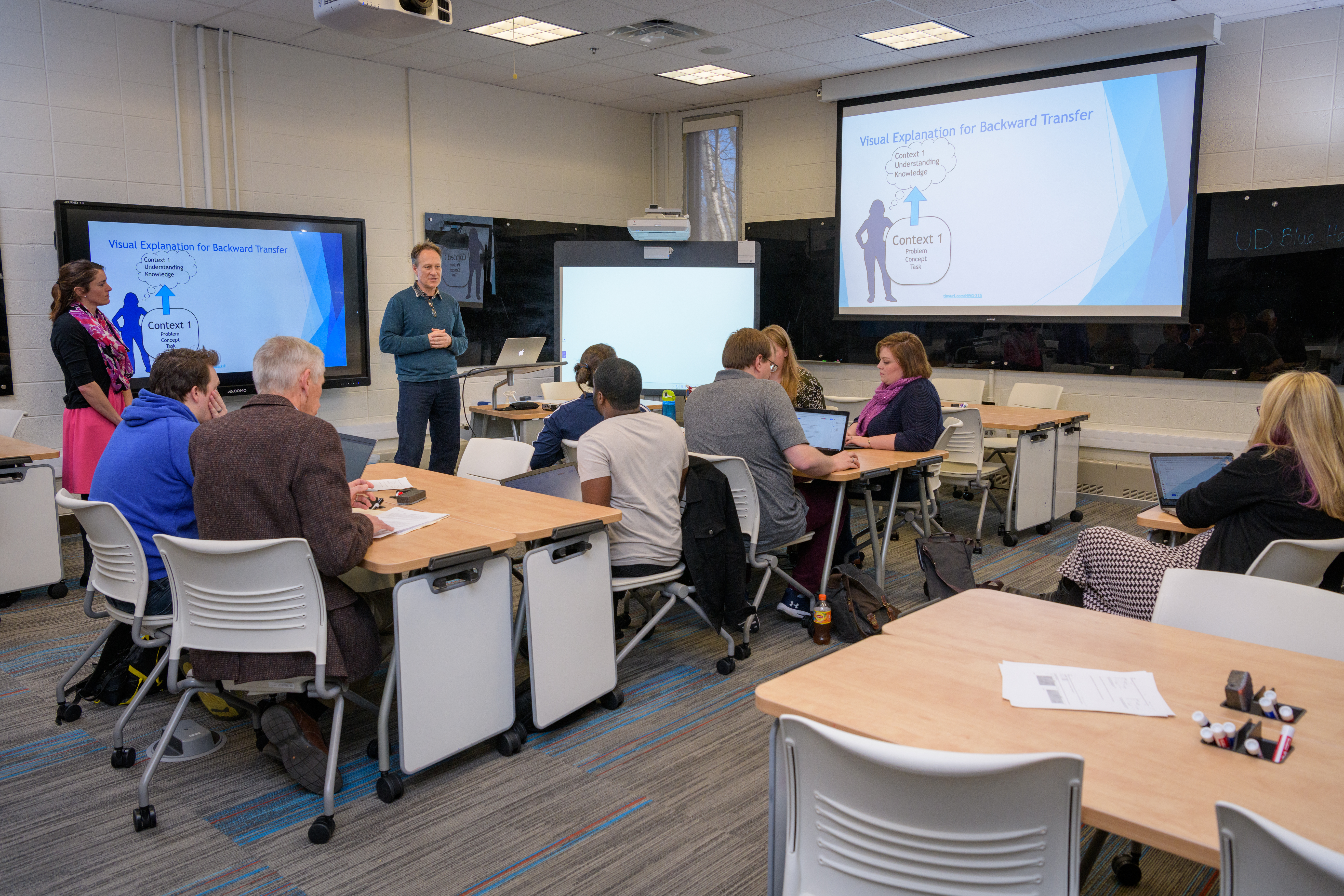 Educators in classroom with three displays