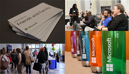 Collage of images from Microsoft Accessibility Event, people in classroom, hall, cups